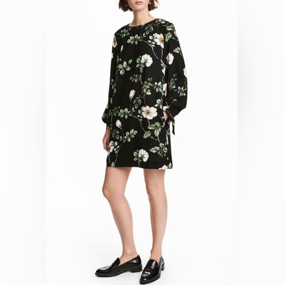 H&M Floral Long Sleeve Shift Mini Dress Black Green And White Size 6 - Picture 1 of 5